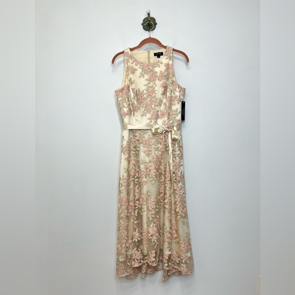 Tahari Arthur S. Levine Champagne High Low Floral Midi Dress Women’s Size 6 NWT